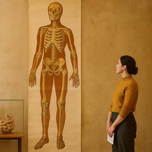May include: A vintage anatomical chart of a human skeleton, with a detailed illustration in shades of brown and yellow. The chart is hanging on a wall. A person is standing in front of the chart, looking at it.