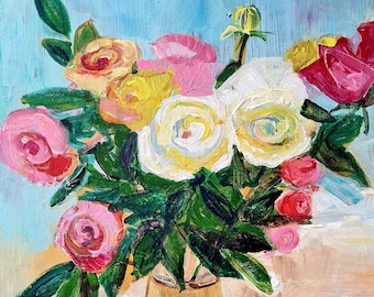 Roses flower vase- original modern abstract art, flower roses acric painting on canvas