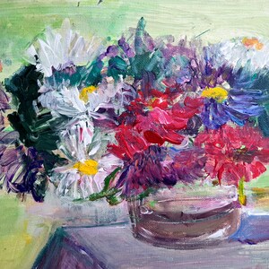 Aster bloemen schilderij - moderne abstracte kunst, acryl geschilderd op karton - 11,8 x 8,5 inch