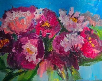 Peonies blooming- Original oil flower painting on canvas- 12x16 inches