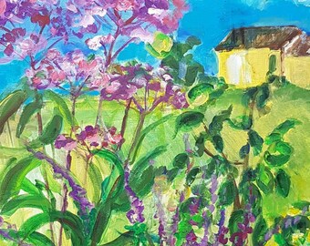 Village flower landscape - modern abstract landscape oil art on canvas- 24 x 20 inches
