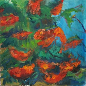 May include: Abstract painting of orange flowers with green leaves against a blue background. The flowers are painted in a loose, expressive style, with vibrant colors and bold brushstrokes.