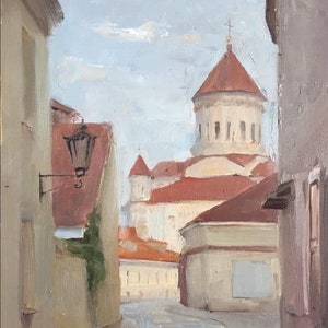 Old orthodox church in Vilnius, Cityscape painting, Lithuania, European city art, original acrylic painting-16 x 20 inches