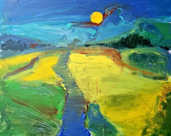 Landscape - Original abstract modern handpainted landscape art- oil painting on canvas- 20×20 inches- not framed- made in Lithuania