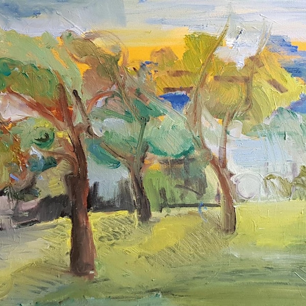 Jardin de pommiers secret - peinture à l’huile abstraite moderne originale sur toile- 20x24inc