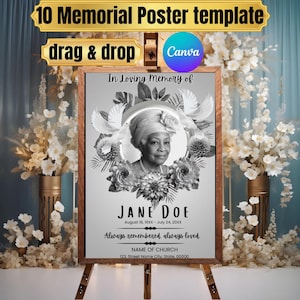 Può includere: Un modello di poster commemorativo con il testo "10 Memorial Poster template" e "drag & drop". Il poster presenta un ritratto in bianco e nero di una donna, circondato da immagini floreali e di colombe. Viene visualizzato anche il testo "In Loving Memory of" e "JANE DOE".