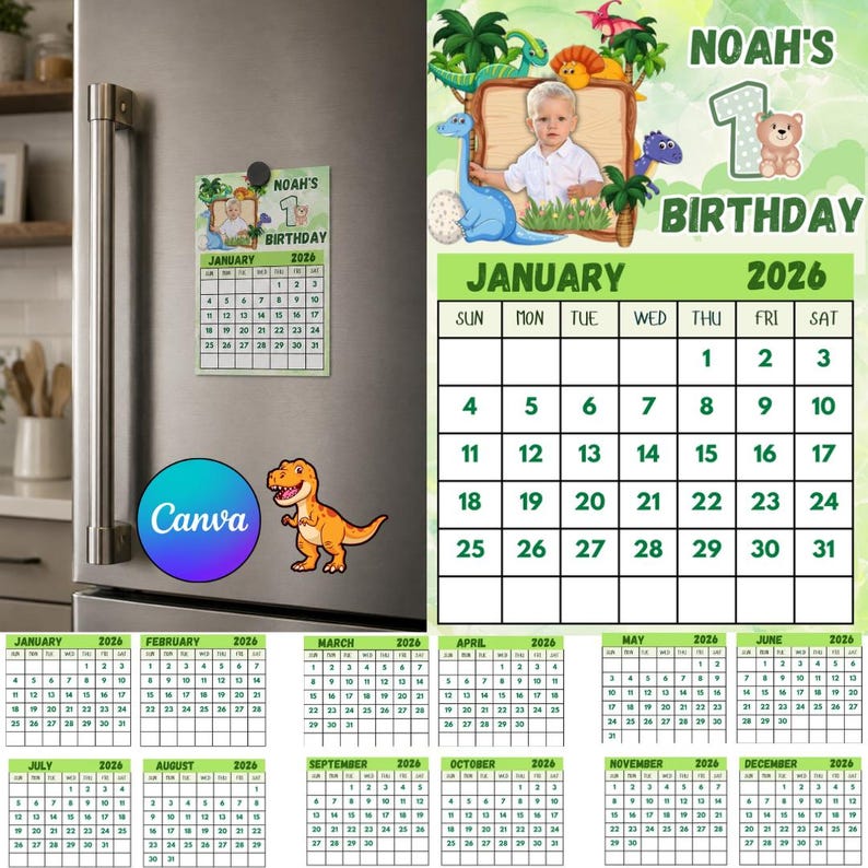 Editable Dinosaur Birthday Calendar Magnet Template (digital Download ...