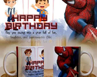 Zestaw szablonów do pakowania kubków urodzinowych Spiderman: edytowalny projekt Canva (pobieranie cyfrowe)