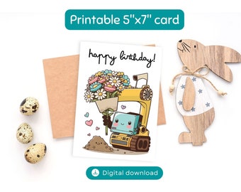 adorable Cute Excavator Printable Happy Birthday Card for Kids!,Instant Download,Digital Print