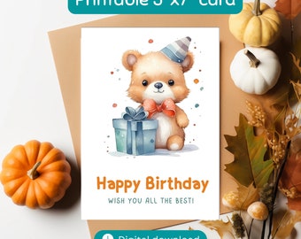 Cute Bear Printable Happy Birthday Card for kids,Instant Download,Digital Print