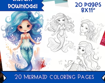 20 Printable Mermaid Coloring Pages- Kids Coloring Activities- Ocean-Themed Crafts Whimsical Mermaid