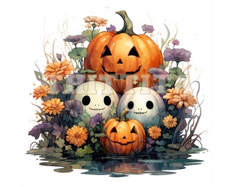 Halloween PNG sublimation, cute pumpkin, jack o lantern png, watercolor halloween