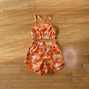 Safeena Vintage Astrid Handmade Made To Order Cross Back Tank Top with Matching Shorts Pockets / 70s Floral Geometric High Waisted Beach Set