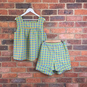 Safeena Vintage Abbie Handmade Made To Order Apron Tank Top with Matching Shorts with Pockets / 70s Floral Geometric High Waisted Beach Set