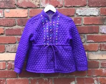 Safeena Vintage Upcycled 70s Quilted Purple Cropped Jacket with Floral Butterfly Embroidery Mandarin Collar and Waist Tie/ 70s Winter Coat