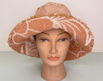 Bespoke Terry Towelling Floral Sunhat with Fringing and Chin Strap / Safeena Vintage / Coffee and Cream Bucket Hat / Made In Australia