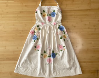Safeena Vintage Alex Handmade Upcycled Boho Halter Dress / Embroidery Floral Upcycled Party Dress / 70s Hippie Folk Prairie Beach Boho Dress