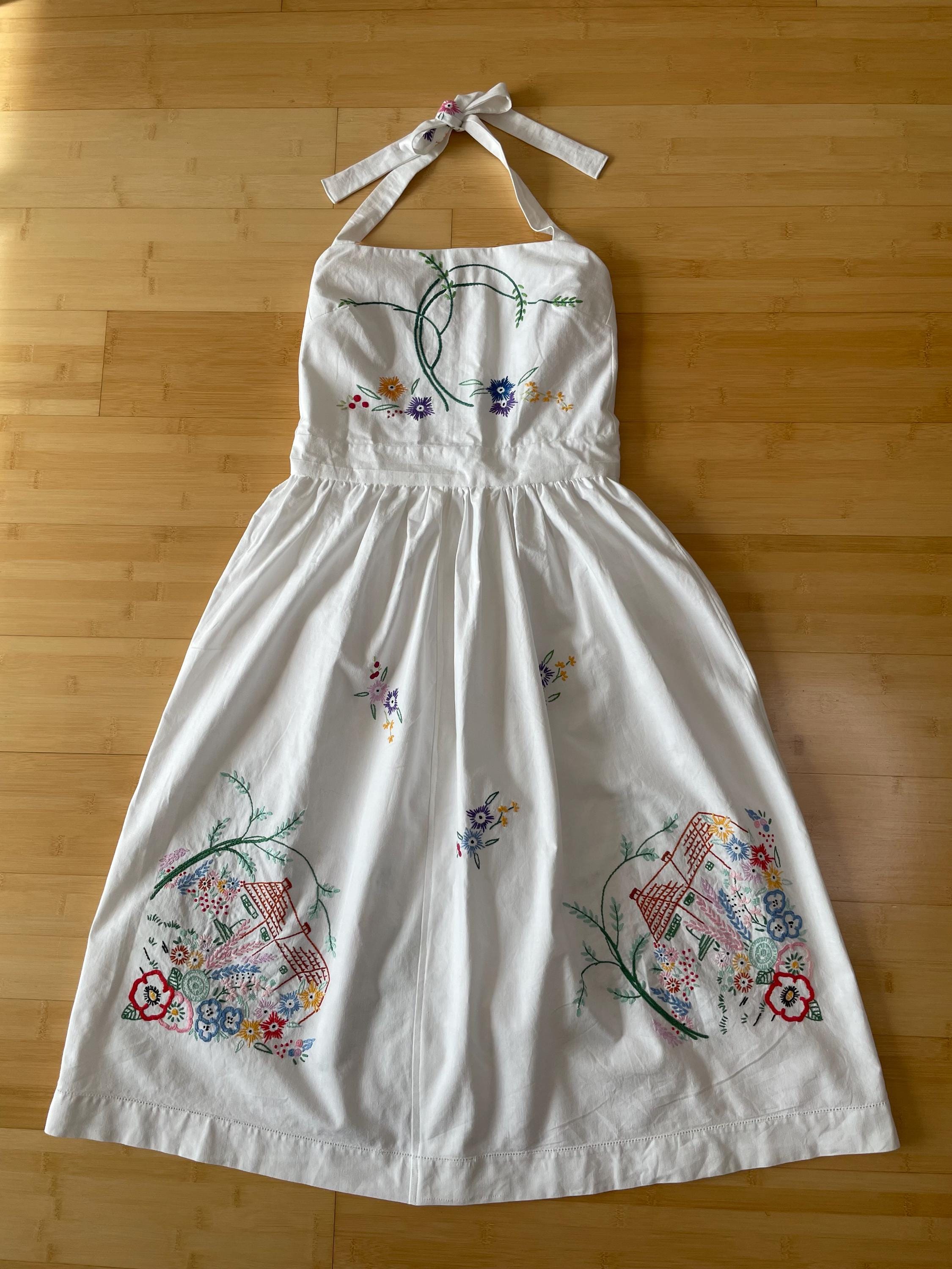 Safeena Vintage Alex Handmade Upcycled Boho Halter Dress / Embroidery Floral Upcycled Party Dress / 70s Hippie Folk Prairie Beach Boho Dress