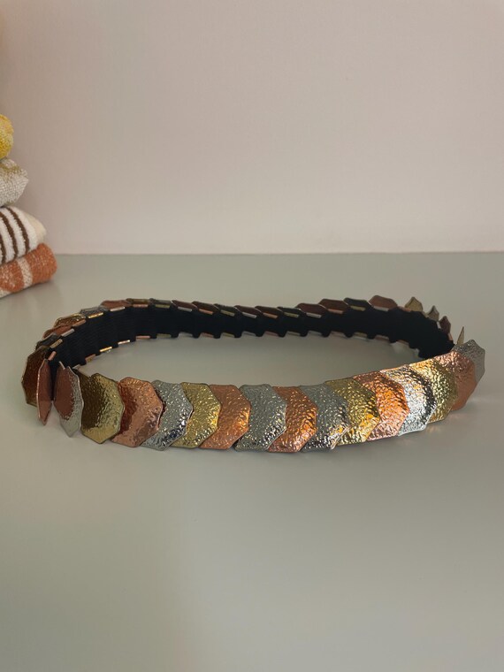 Vintage 80s Metallic Stretchy Belt, Disco Geometric Design  display picture 2