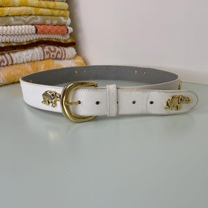 Safeena Vintage 90s High Waisted White Animal Elephant White Leather Belt / 80s Chunky Gold Buckle Belt / Prairie Hippie Boho Folk Party