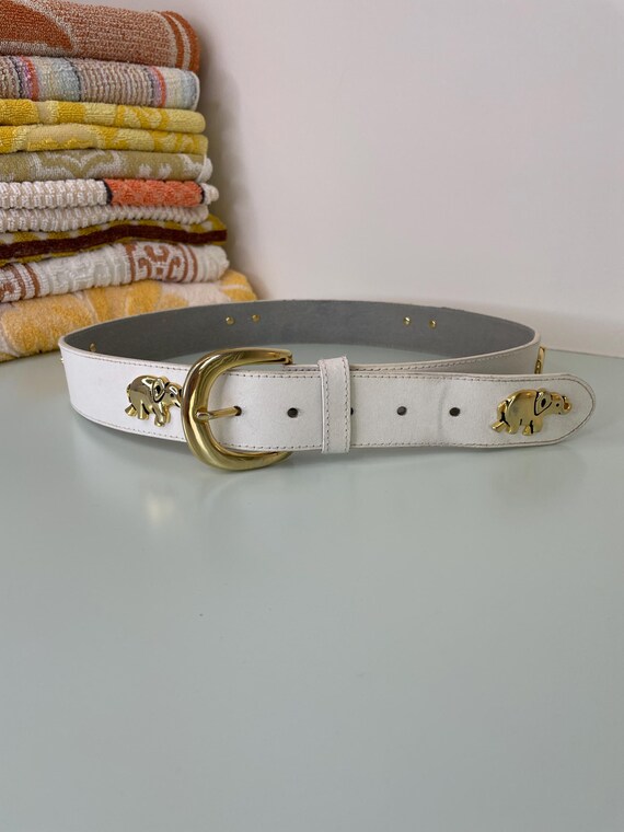 White Leather Belt with Gold Logo Accent White Belt Gold Buckle Buffalo Leather 1 Inch Wide Women  main image 3