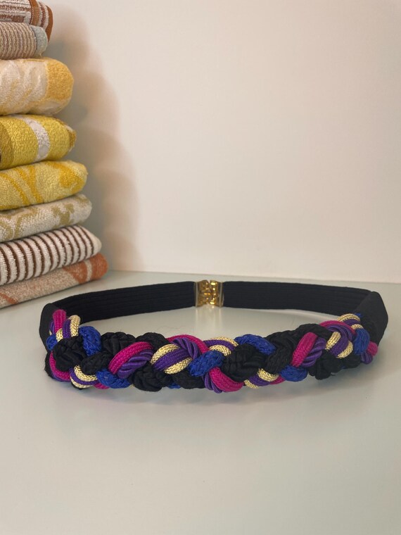 Vintage 80s Braided Rope Belt, Black, Pink, Gold, Blue, Gold  display picture 3