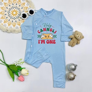 Holy Cannoli I&#39;m One Baby Romper, Italian First Birthday Bodysuit, Funny Food Pun Onesie, One Year Old Birthday Outfit, Cute Cannoli Romper