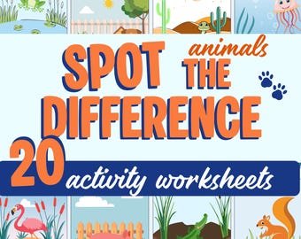 Animal Spot the Difference Game: 20 Kids Activity Pages (Printable PDF Bundle
