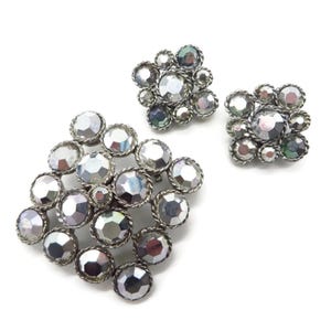Weiss Smoky Rhinestone Brooch and Earrings Set: Vintage Silver-Gray Demi Parure
