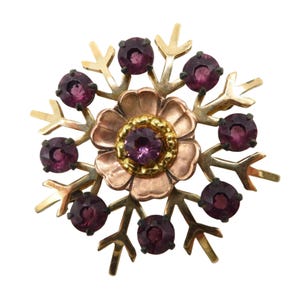 Vintage 10K Gold Filled Purple Rhinestone Floral Brooch - Signed Roles