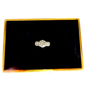AGME Black Enamel Swiss Compact Makeup Case with Rhinestone Centerpiece Vintage Cosmetics