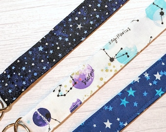 Starry Skies Fabric Lanyard – Astrological Keychain, ID Badge Holder