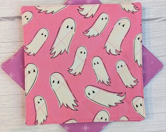 Quilted Halloween Coasters: Reversible Cotton Ghost & Pumpkin Fabric - set of 4