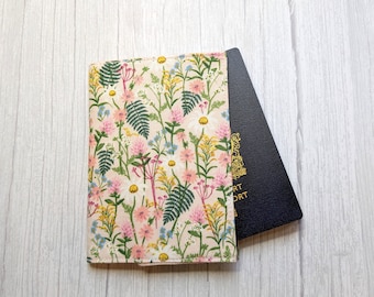 Passport Cover or Holder -  100% Cotton  fabric - Soft floral daisies and ferns on pink background