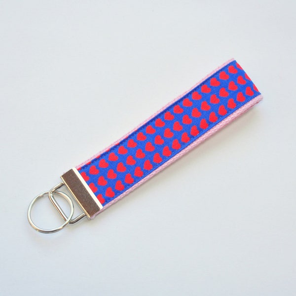 Key chain - Key fob  - wristlet -  porte clefs - kawaii hearts - blue and pink  -   key lanyard - accessory - lanyard