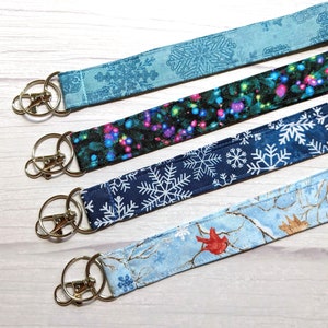 Holiday Lanyard ID Badge Holder  - winter birds, snowflakes, soft fabric  key chain - Breakaway safety clasp optional