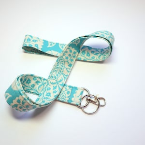 Floral Lanyard  with optional breakaway - blue/green and white - ID Badge Holder -  Teacher lanyard  -  safety clasp