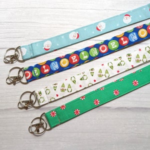 Holiday Lanyard ID Badge Holder  - peppermint candy, santas, nordic, noel, soft fabric  key chain - Breakaway safety clasp optional
