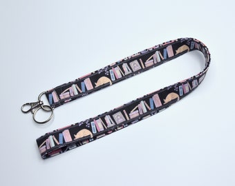 Cat and Book Lanyard  with optional breakaway - Cotton fabric, motif - ID Badge Holder  - Key chains