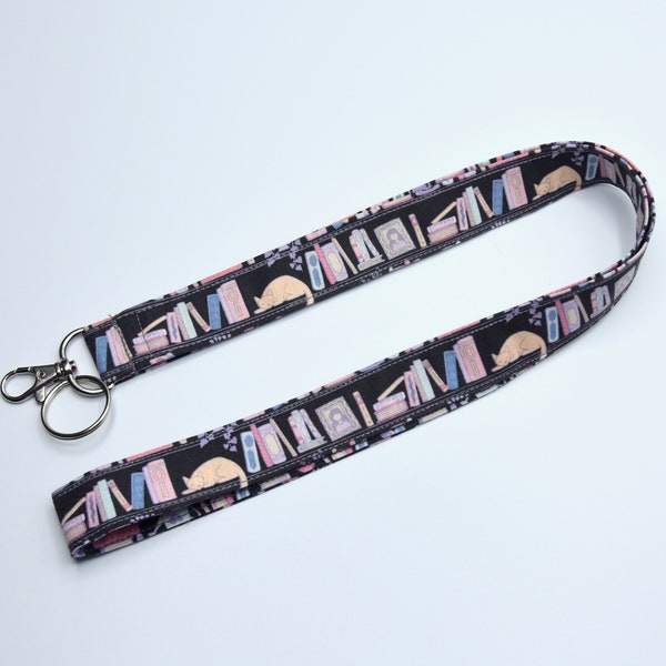 Cat and Book Lanyard  with optional breakaway - Cotton fabric, motif - ID Badge Holder  - Key chains