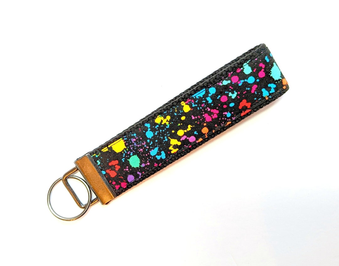 Paint Splatter Key Fob Key Chain Fabric Black With Colourful Paint