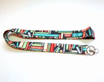Book Lover Lanyard  with optional breakaway - Cotton fabric, motif - ID Badge Holder  - Key chains