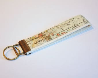 Key fob  - wristlet - World map - expedition - stocking stuffer - teacher gift - under 10 - geography lanyard