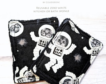 Herbruikbare spons - ruimtekatten - schattige katten - schoonmaakdoekje - keukenaccessoire - decoratief - set van 2 - wasbare spons