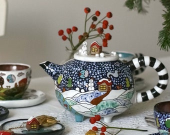 Serenity teapot, OOAK handsculpted handcarved teapot, ceramic teapot with zebra handle
