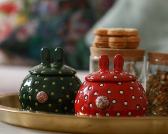 Bunny sugar bowl, handsculpted ooak ceramic box with lid, rabbit shaped jewelry box