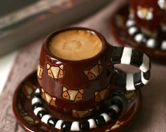 Espresso cups, cute ceramic cups with plate, coffee lovers gift, ceramic coffee set