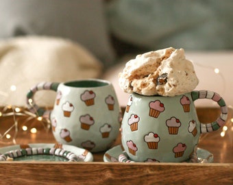 Hot cocoa mug, floral coffee cups, handcarved kitten cup, black and white handles, personalized colors (made to order)