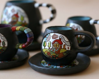 Espresso cups, serenity cup, cute ceramic cups with plate, coffee lovers gift, ceramic coffee set