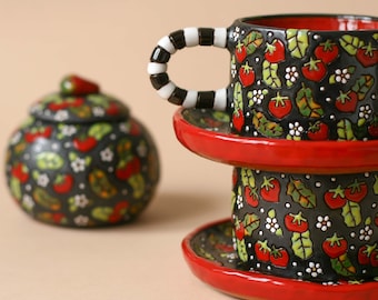 Strawberry cups, cute ceramic cups with plate, coffee lovers gift, ceramic coffee set